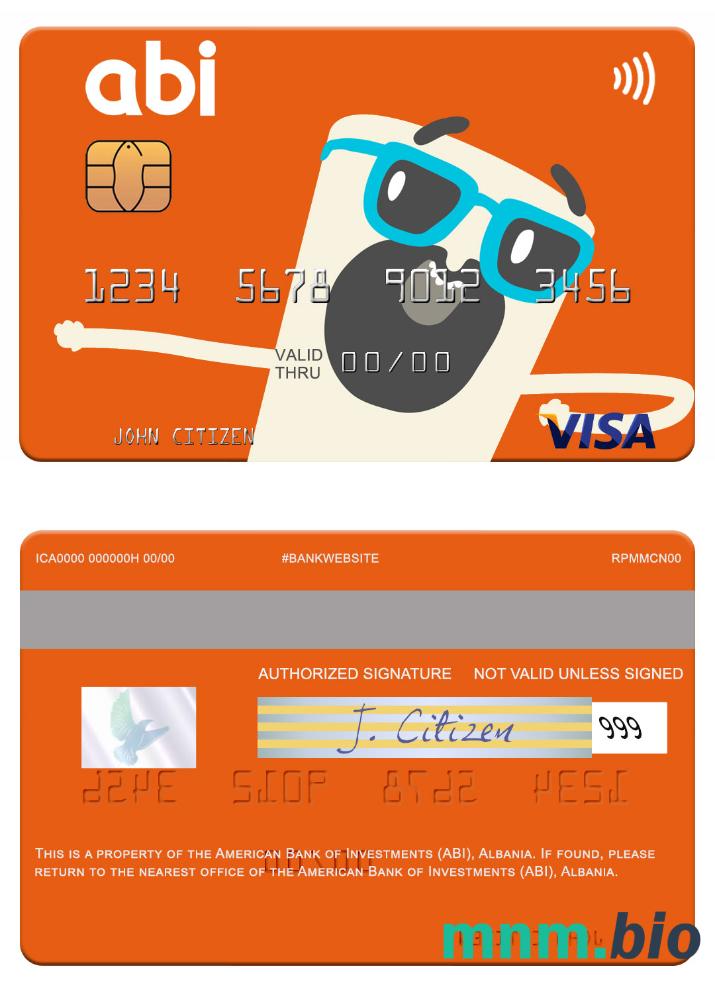 Albania American Bank of Investments (ABI) przykład karty visa w formacie PSD